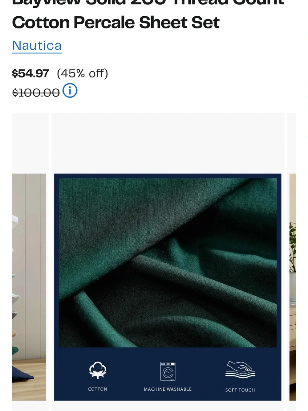 Nautica Bayview Solid Cotton Percale Sheet Set - Deep Green - TWIN